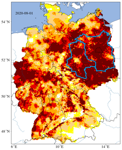 Dryness of ground in Germany in September 2020, darker colour – severer dryness 